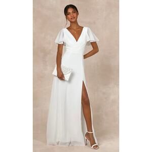 NWT! Lulus Beautiful Perfection White Flutter Sleeve Embroidered Maxi Dress M